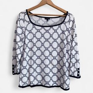 Talbots Petites Black & White Geometric Print 3/4 Sleeve Knit Blouse Size L